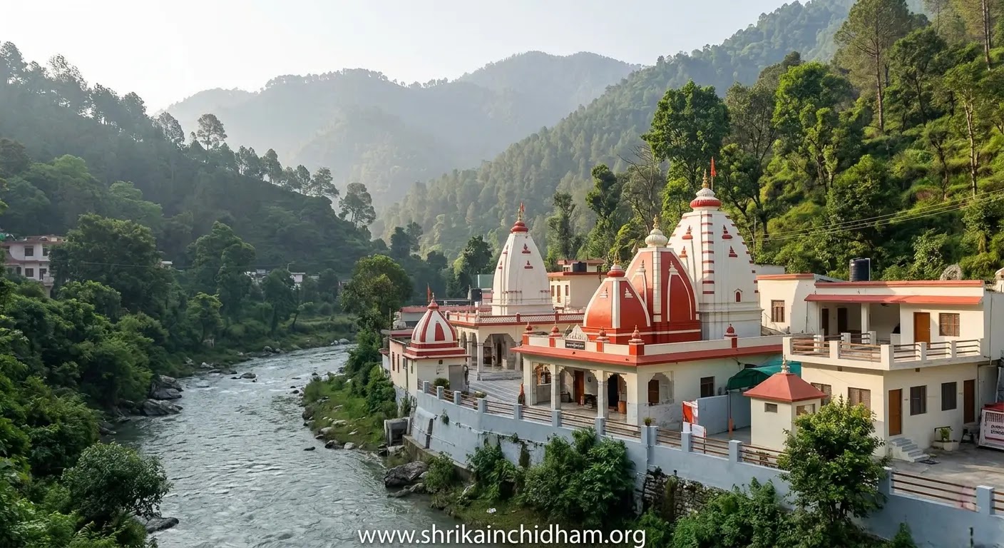 The Sacred Setting of Kainchi Dham Ashram Panoramic view of Shri Kainchi Dham Ashram and river in Uttarakhand