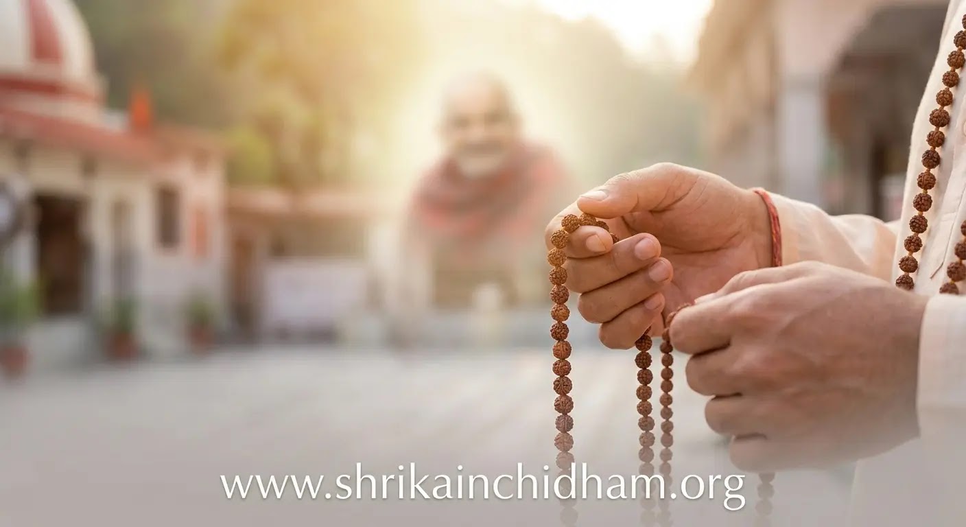 The Simple Path of Ram Naam Bhakti Devotee holding Rudraksha mala for Ram Naam jaap at Kainchi Dham